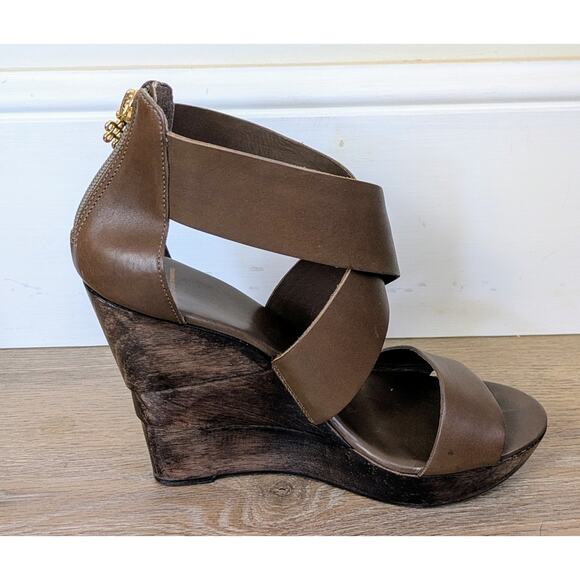 NEW Diane Von Furstenberg Opal Wedge Sandal 9.5 Strappy Vacchetta Leather Wood - Picture 2 of 12